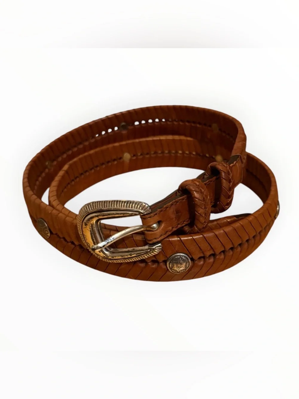 Vtg 90s Sz 38 Leather Belt Western Concho Braided Whipstitch Brown‎ Woven Boho